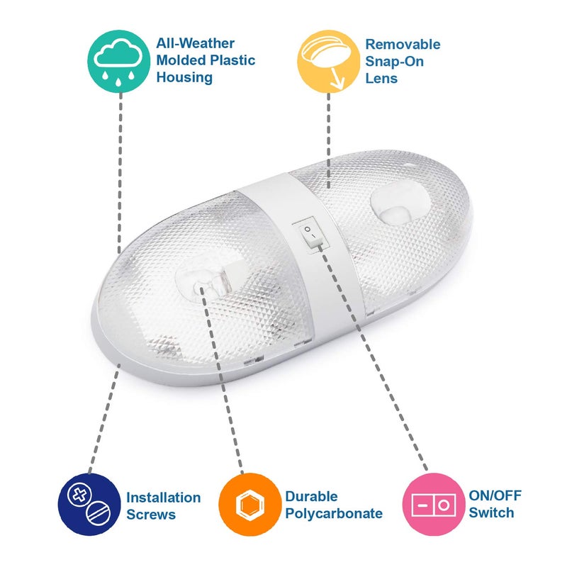 Lumitronics RV Double Ceiling Dome Light, Interior Lighting for Camper Trailer - On/Off Switch, Removable Lenses - Image 5